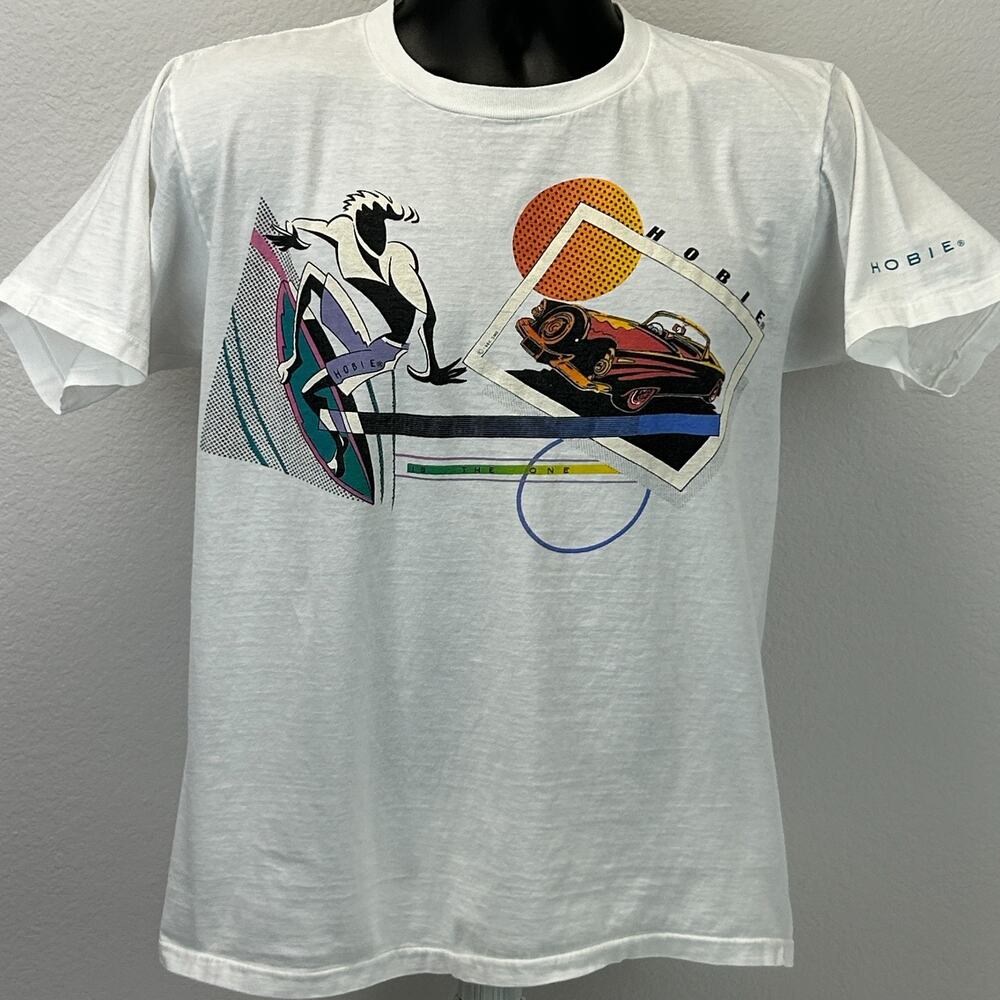 Vintage 80s Hobie Surfer T Shirt M Medium White Surfing 1956 Ford Thunderbird